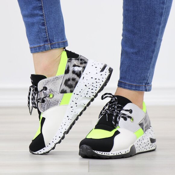 Multicolor Chunky Sneakers Neon Yellow Silver Animal Print Rugged Sole - Picture 3 of 14
